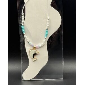 Dolphin Charm Beaded Anklet White Teal Seed Bead Adjustable Cord Ankle Bracelet